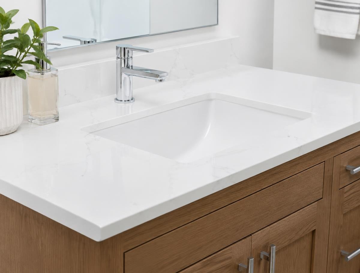 Custom quartz bathroom vanity top with undermount sink