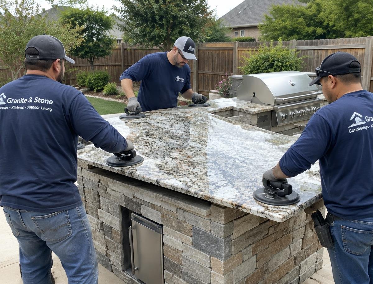 CWB Countertops team working on an outdoor kitchen project