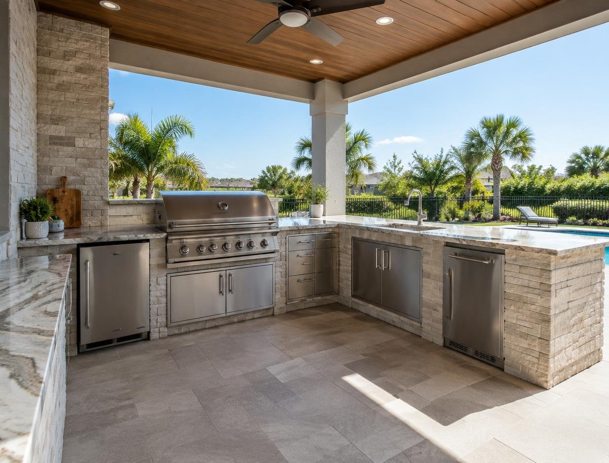 Outdoor kitchen with stone countertops built by CWB Countertops
